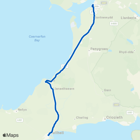 Clynnog & Trefor / Berwyn Coaches Pwllheli Bus Sta Stand C - Caernarfon Bus Sta Stand C map