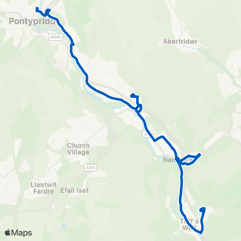 Edwards Coaches Pontypridd Bus Sta Stand 11 - Ty Rhiw Middle map