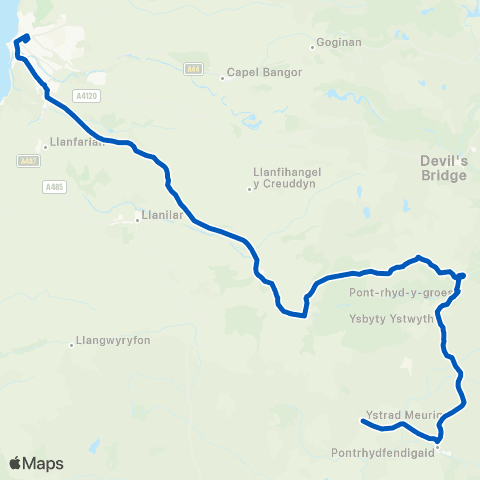 Evans Coaches Tregaron Tregaron Comprehensive Sch - Aberystwyth Bus Sta Stand 5 map