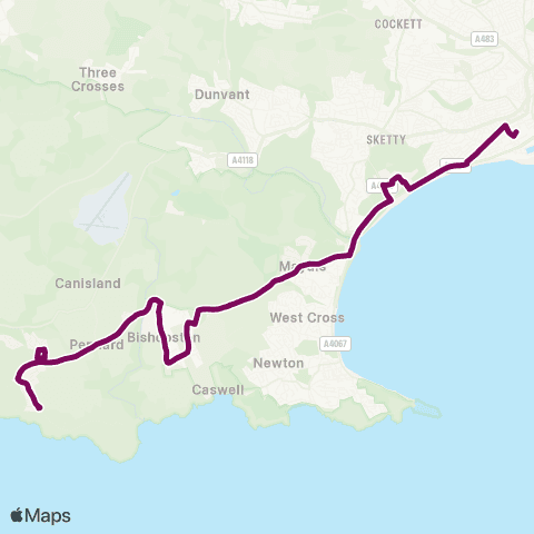 Adventure Travel Swansea Bus Sta Stand X - Pennard Cliffs Terminus map