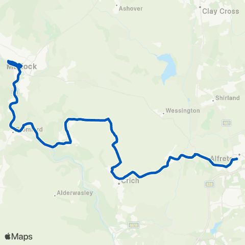 High Peak Bakewell Rd Bus Sta - Alfreton Bus Sta map
