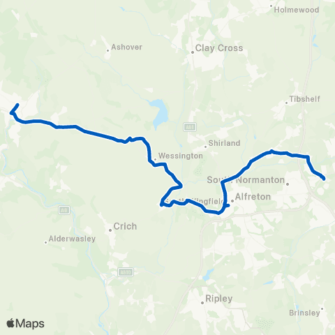 High Peak Bakewell Rd Bus Sta - Alfreton Bus Sta map