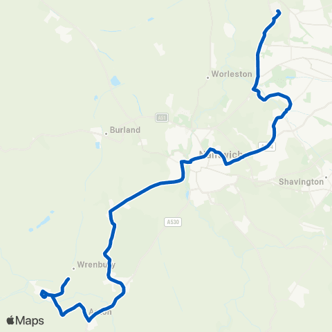 D & G Bus Leighton Hospital - Wrenbury Heath Road map