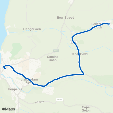 Mid Wales Travel Aberystwyth Bus Sta Stand 2 - Penrhyn-Coch Village Hall map