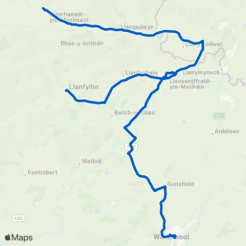 Tanat Valley Coaches Llanrhaeadr Square - Welshpool Bus Sta Stand B map