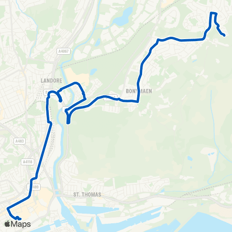 South Wales Transport Swansea Bus Sta Stand G - Rhyd-Y-Felin Terminus map