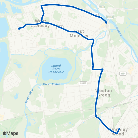 Reptons Coaches Weston Green Rd - Hampton Court Station map