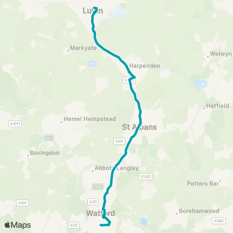Arriva Beds and Bucks Watford Hosp Car Pk - Luton Sta Interchange map