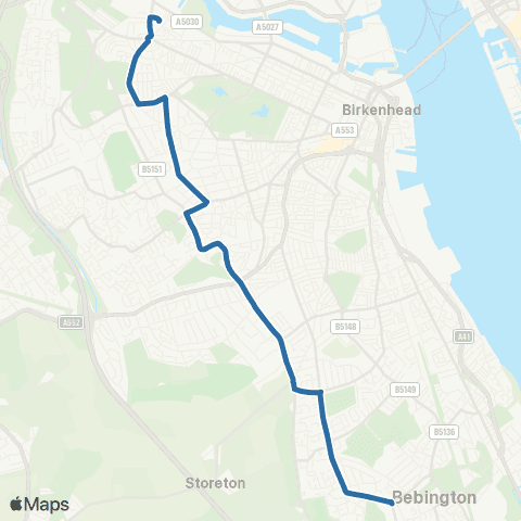 Al's Coaches Birkenhead N Sta - Wirral Grammar School map