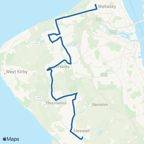Al's Coaches Wallasey Village - Brimstage Road map