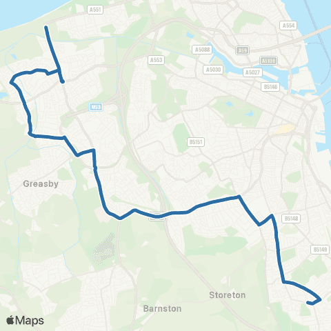 Al's Coaches Leasowe Rd - Wirral Grammar Sch For Girls B map