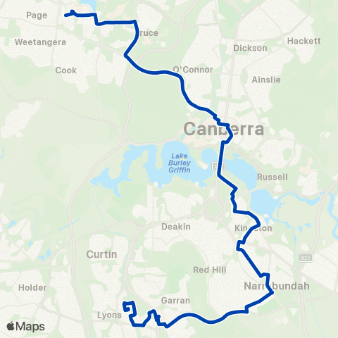 ACTION Woden to Belconnen via Kingston & City map