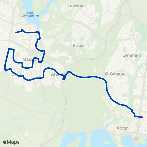 ACTION Belconnen to City via Jamison & Aranda map