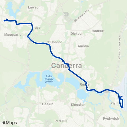 ACTION Belconnen to CBR Airport via City & Brindabella Pk map