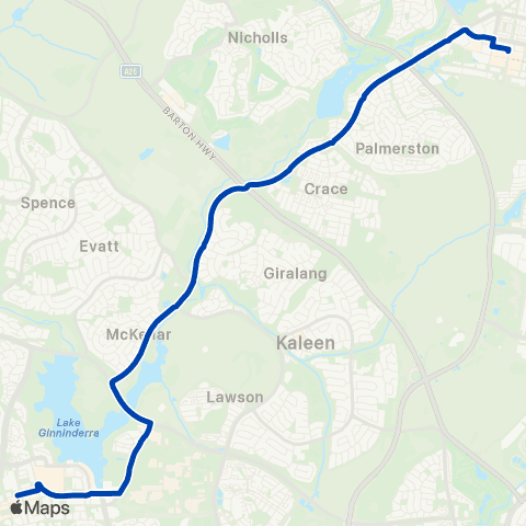 ACTION Belconnen to Gungahlin map
