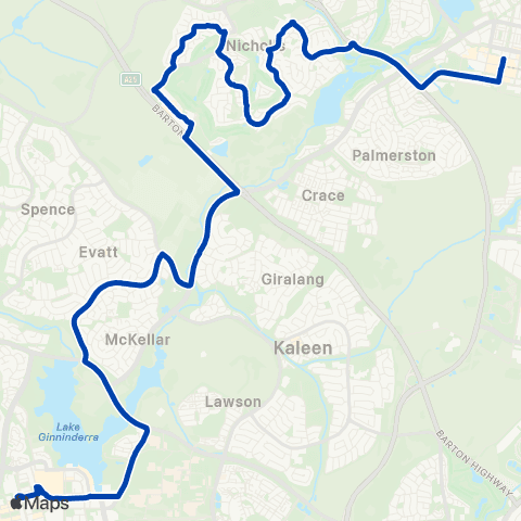 ACTION Belconnen to Gungahlin via McKellar & Nicholls map