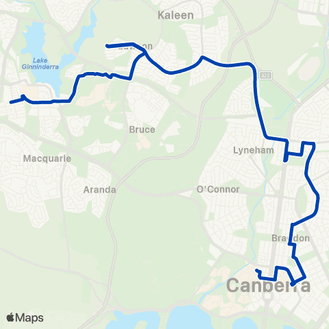 ACTION Belconnen to City ANU via Kaleen S & Dickson map