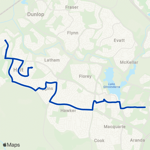 ACTION Belconnen to Kippax via Higgins & W Macgregor map