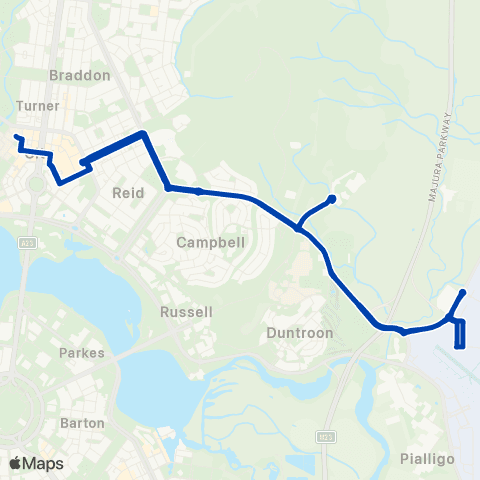 ACTION City ANU to Majura Pk via Campbell Pk (both directions) map