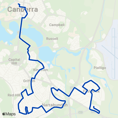ACTION Fyshwick to City ANU via Red Hill & Kingston map