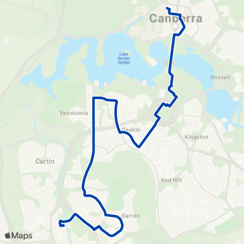 ACTION City ANU to Woden via Yarralumla & Hughes map