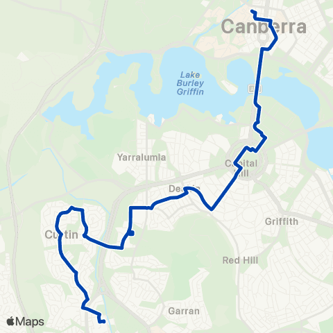 ACTION City ANU to Woden via Deakin & Curtin map