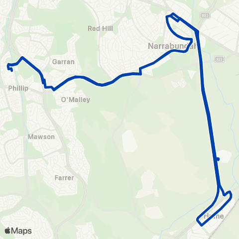 ACTION Woden to AMC & Hume via CBR Hosp & Narrabundah map