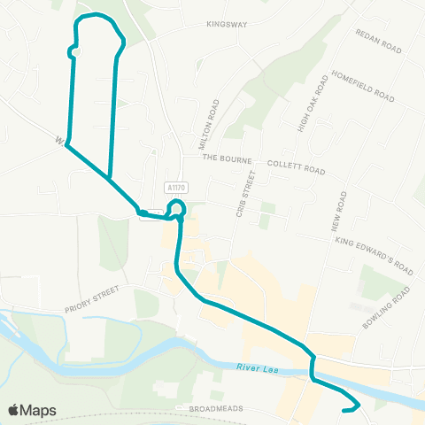 Arriva Herts and Essex Ware Railway Station - Old Town Hall map