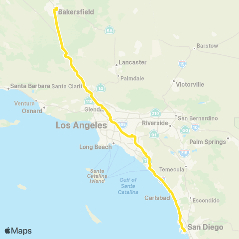 Gold Runner Thruway Bus Fresno / Bakersfield - Los Angeles - Santa Ana - Oceanside - San Diego map