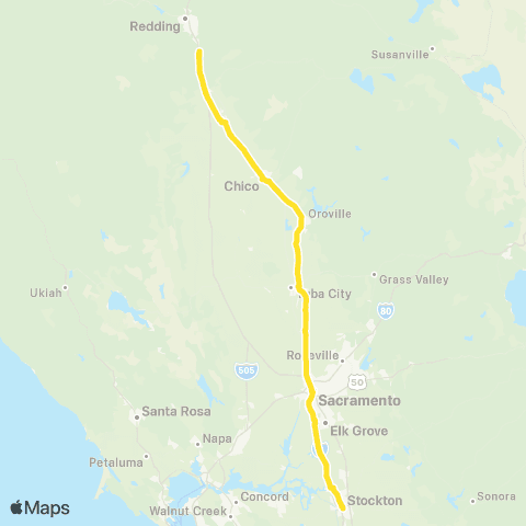 Gold Runner Thruway Bus Redding - Sacramento - Stockton map