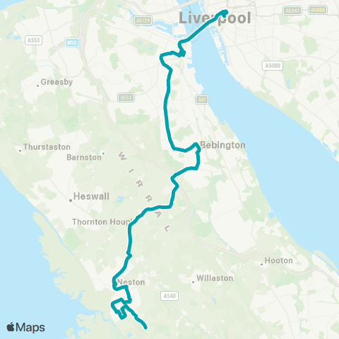 Arriva North West Ness Botanic Gardens - Hood Street map