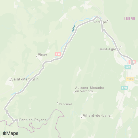 ARA Cars Région Isère - Scolaire Grenoble-Pont en Royans (Internes) map