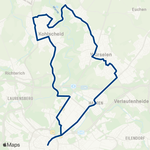 AVV Nachtexpress: Elisenbrunnen - Alter Tivoli - Kohlscheid - Bardenberg - Würselen - Haaren - Aachen Bushof map