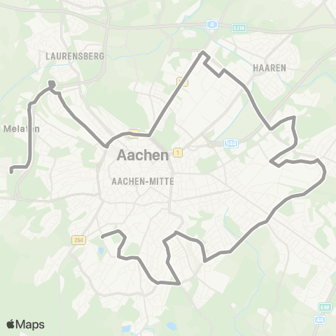 AVV (Vaals Grenze - Hanbruch) - Ronheider Weg - Burtscheid - Adenauerallee - Fringsgraben - Hüls - Polizeipräsidium - (Ponttor - Uniklinik) map