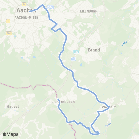 AVV (Richterich Schönau) / Laurensberg Rahe - Süsterau - Westbahnhof - Aachen Bushof - Europaplatz - Tierpark - Lintert - Schleckheim - Walheim - Sief ( - Lichtenbusch) map