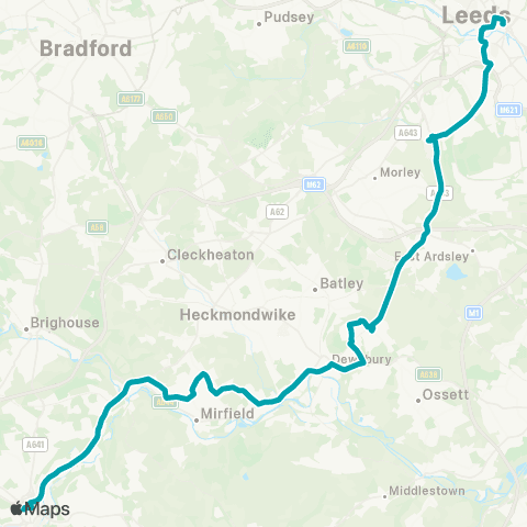 Arriva Yorkshire Huddersfield Bus Sta - Leeds City Bus Sta map