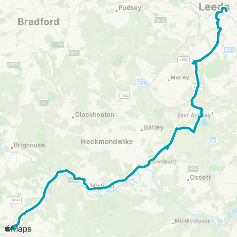 Arriva Yorkshire Huddersfield Bus Sta - Leeds City Bus Sta map