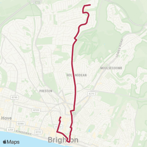 Brighton & Hove Bus and Coach Company Churchill Square - Asda Crowhurst Road map