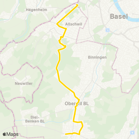 BLT - Baselland Transport Basel, Bachgraben - Therwil, Lindenfeld map