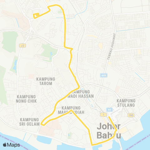 BAS.MY Johor Bahru JB Sentral - Larkin Sentral via Mahmoodiah map