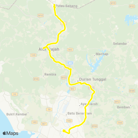 BAS.MY Melaka Melaka Sentral - Tampin via Alor Gajah Durian Tunggal map