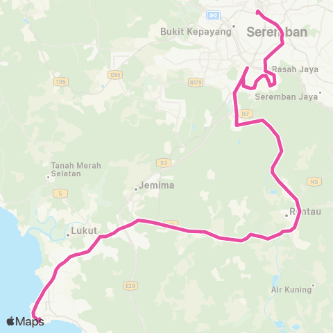 BAS.MY Seremban Terminal 1 - Port Dickson via Rantau map