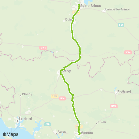 BreizhGo Car Saint-Brieuc - Vannes/Lorient St Brieuc - Loudéac - Pontivy - Locminé - Vannes map