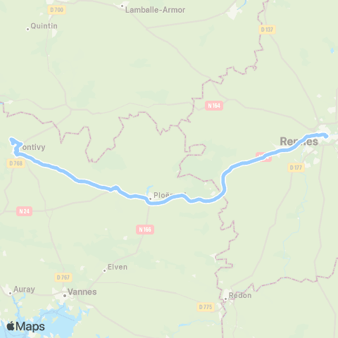 BreizhGo Car Rennes - Loudéac/Pontivy Pontivy - Rennes map