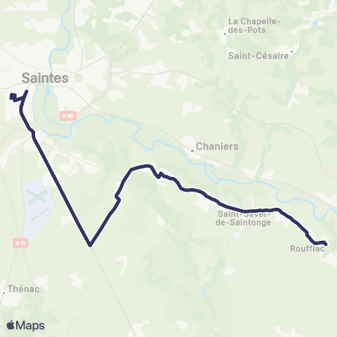 BUSS L07 (Heures Creuses) Rouffiac, St.Sever de Saintonge, Courcoury, les Gonds, Saintes >< Collège Quinet map