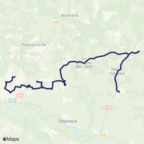 BUSS L13 (Heures Creuses) St.Sauvant, St.Cesaire, St.Bris des Bois, la Chapelle des Pots, Chaniers, Saintes >< Collège Agrippa d'Aubigne map