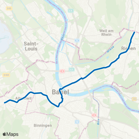 BVB - Basler Verkehrs-Betriebe Riehen, Grenze - Allschwil, Dorf map