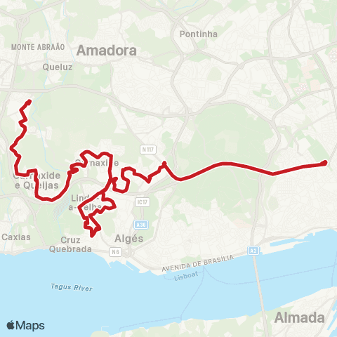 Carris Metropolitana Marquês Pombal (Metro) - Queluz Baixo (Centro Comercial) via Linda-A-Velha map