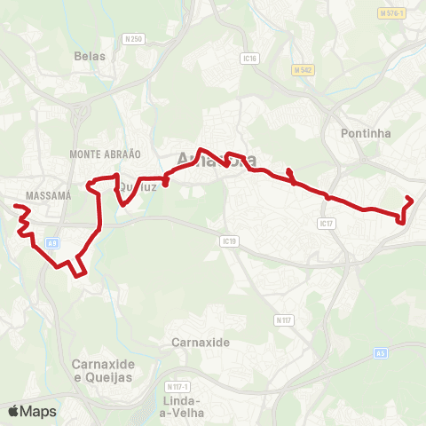 Carris Metropolitana Colégio Militar (Metro) - Massamá-Barcarena (Estação Sul) via Amadora Este (Metro) map