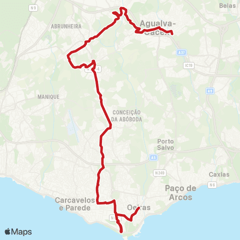 Carris Metropolitana Agualva-Cacém (Estação) - Oeiras (Estação Sul) via Trajouce map